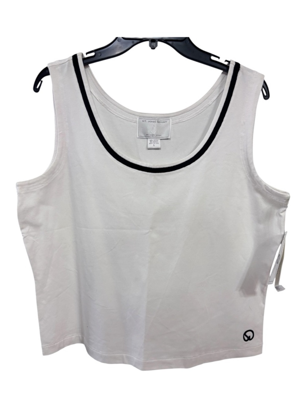 NWT St. John Sport by Marie Gray White Cotton Blend Top w Subtle Black Logo Sz L